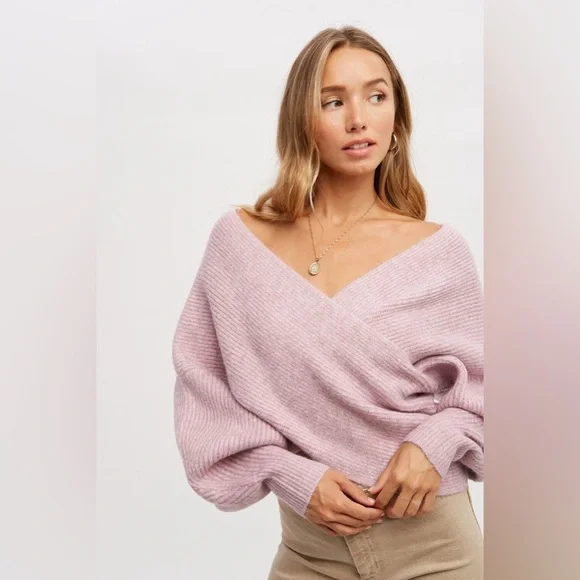 784. Crossover Ribbed Sweater in Lavender - Picture 2 of 5